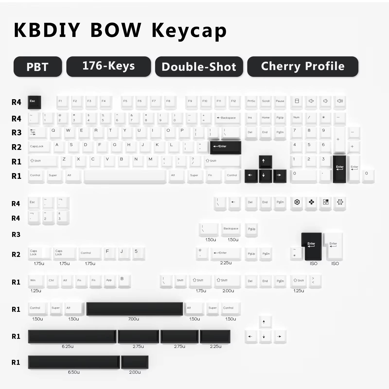 176 KeysSet Cherry keycap layout with PBT double-shot keys in cherry profile design.
