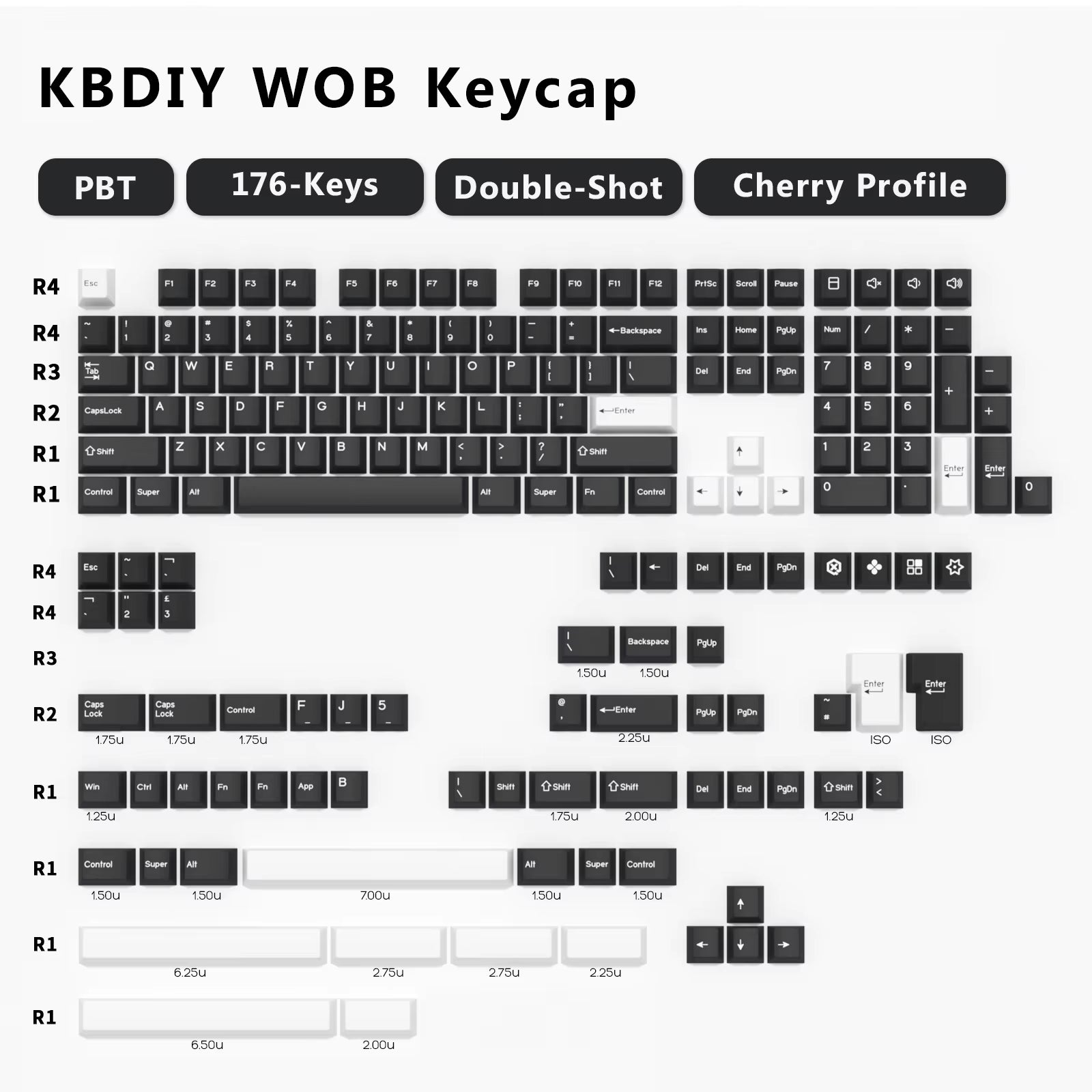 176 KeysSet Cherry keycap layout showing various key sizes and configurations for a customized keyboard experience.