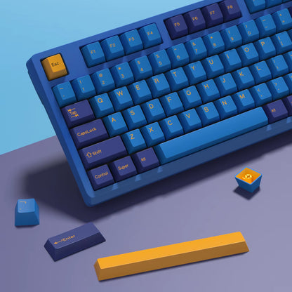 176 KeysSet Cherry colorful keyboard keycaps layout with blue and yellow colors on a modern background.