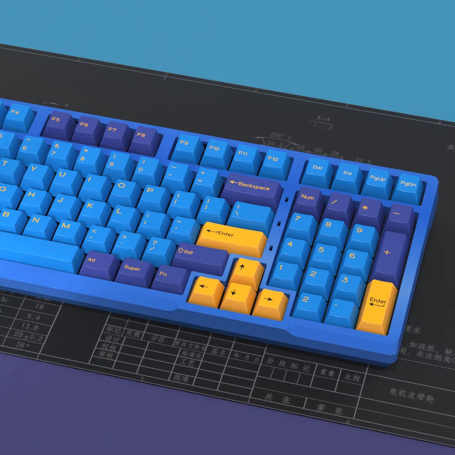 Image of a colorful keyboard with blue and purple keycaps, showcasing the 176 KeysSet Cherry design.