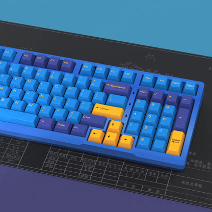 Image of a colorful keyboard with blue and purple keycaps, showcasing the 176 KeysSet Cherry design.