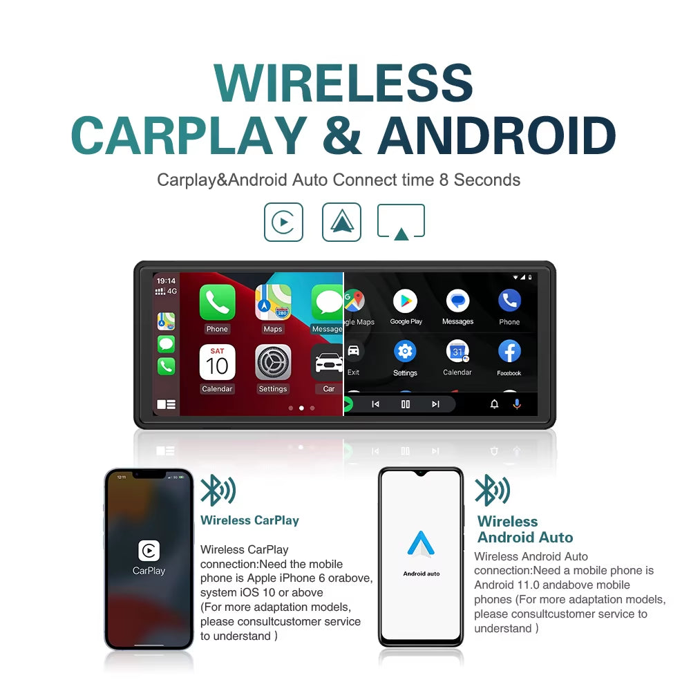Drive Smart 10.26-Inch multimedia video player showcasing wireless CarPlay and Android Auto connectivity.