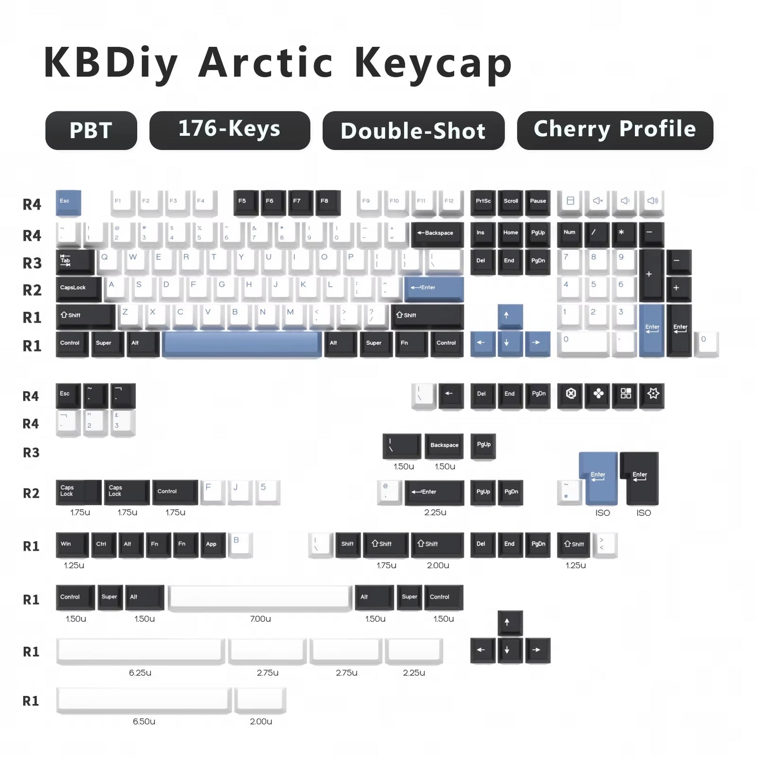 176 KeysSet Cherry keycap layout featuring PBT material and double-shot design.
