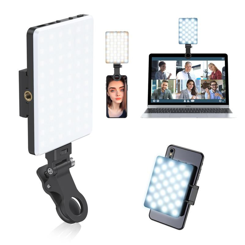 Portable Rechargeable LED Clip-On Selfie Light attached to laptop and smartphone for enhanced video and photography.
