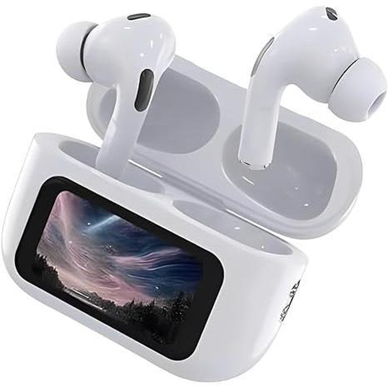 LED Display Noise-Canceling Bluetooth Earbuds in charging case with colorful screen showing a galaxy design.