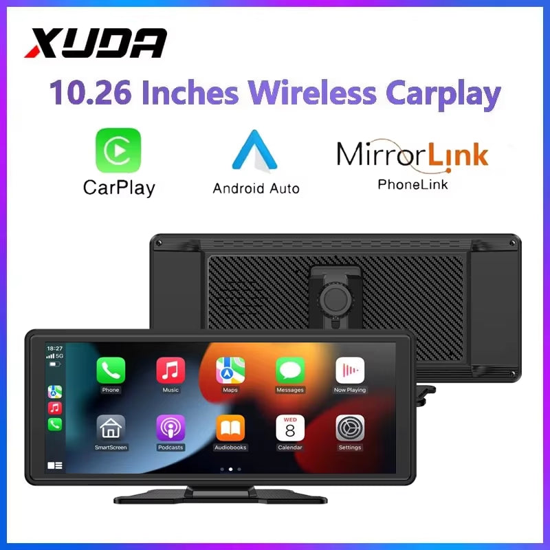 Drive Smart 10.26-Inch Wireless CarPlay multimedia video player showcasing CarPlay, Android Auto, and PhoneLink features.