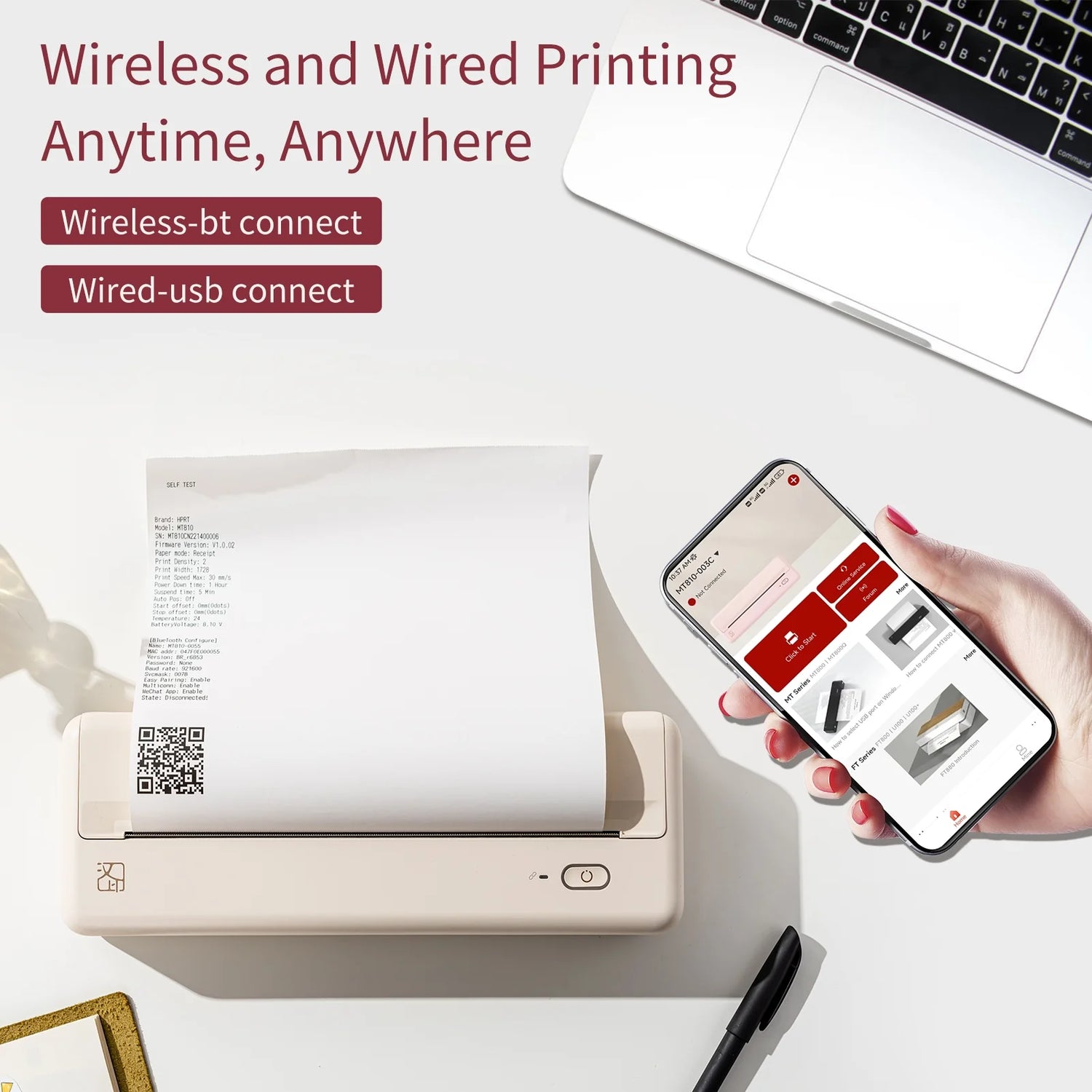 Wireless Portable Printers - A4 Thermal Printer for Travel, Mobile Office, School, Home - Bluetooth Printer Compatible with Ios Android Phone &amp; Laptop, Pink