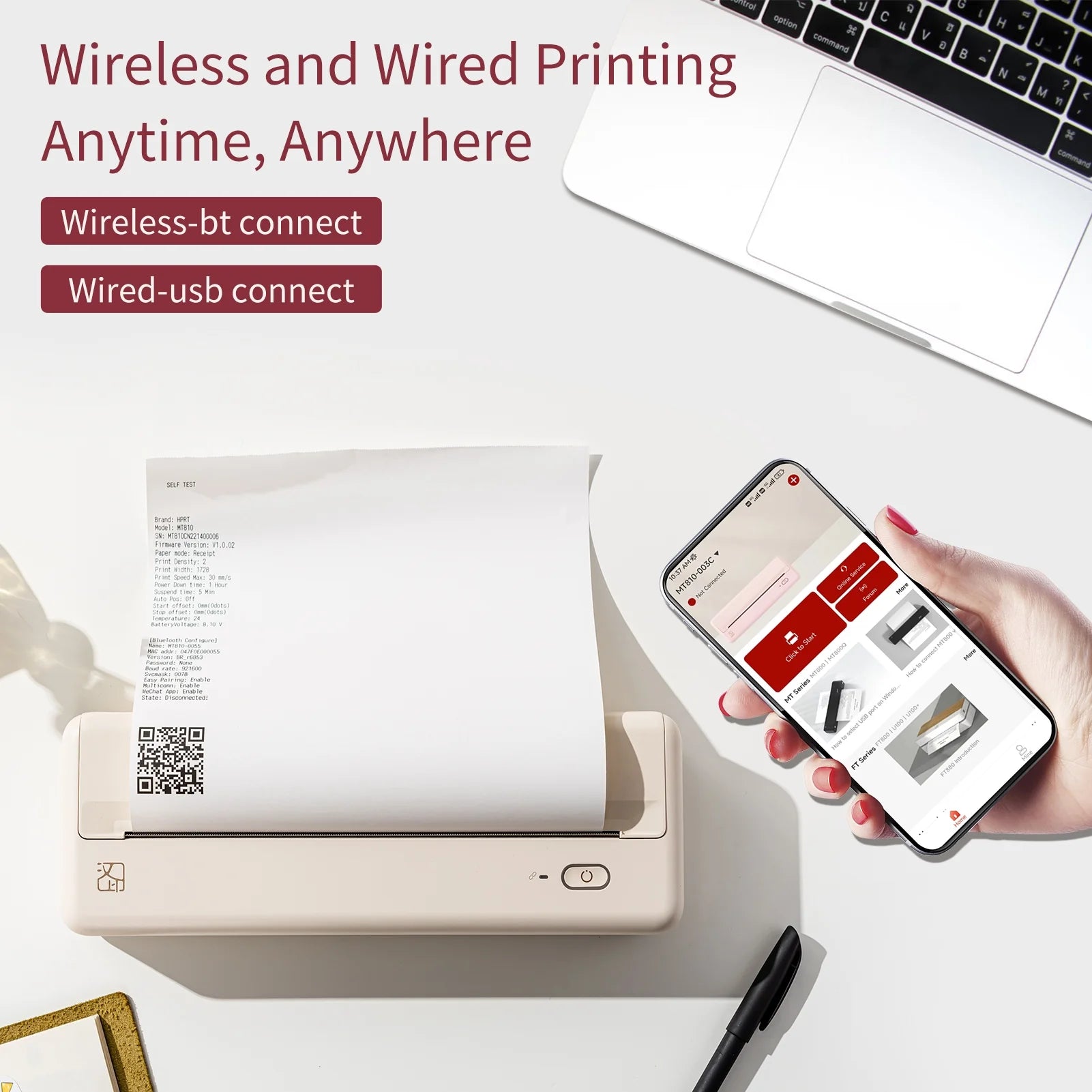 Wireless Portable Printers - A4 Thermal Printer for Travel, Mobile Office, School, Home - Bluetooth Printer Compatible with Ios Android Phone &amp; Laptop, Pink