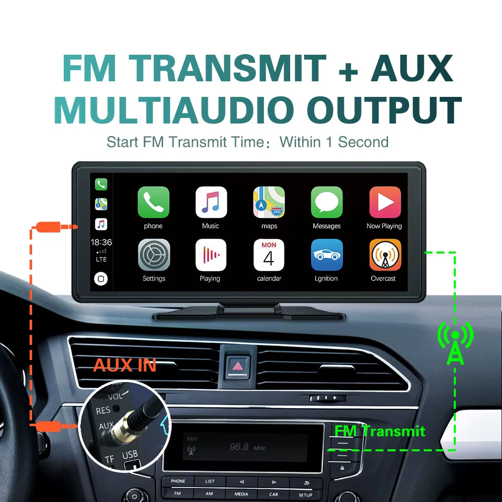 Drive Smart 10.26-Inch displayed in car with FM transmit and aux multi-audio output features.