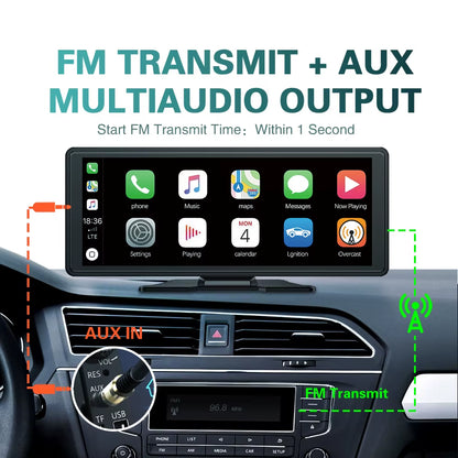 Drive Smart 10.26-Inch displayed in car with FM transmit and aux multi-audio output features.
