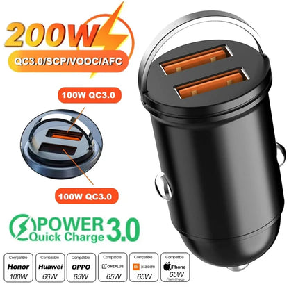 Car 100-200W Dual Port Mini USB Charger Ultra Fast Charging Cigarette Lighter Socket 12-24V Aluminum Cell Phone Charging Adapter