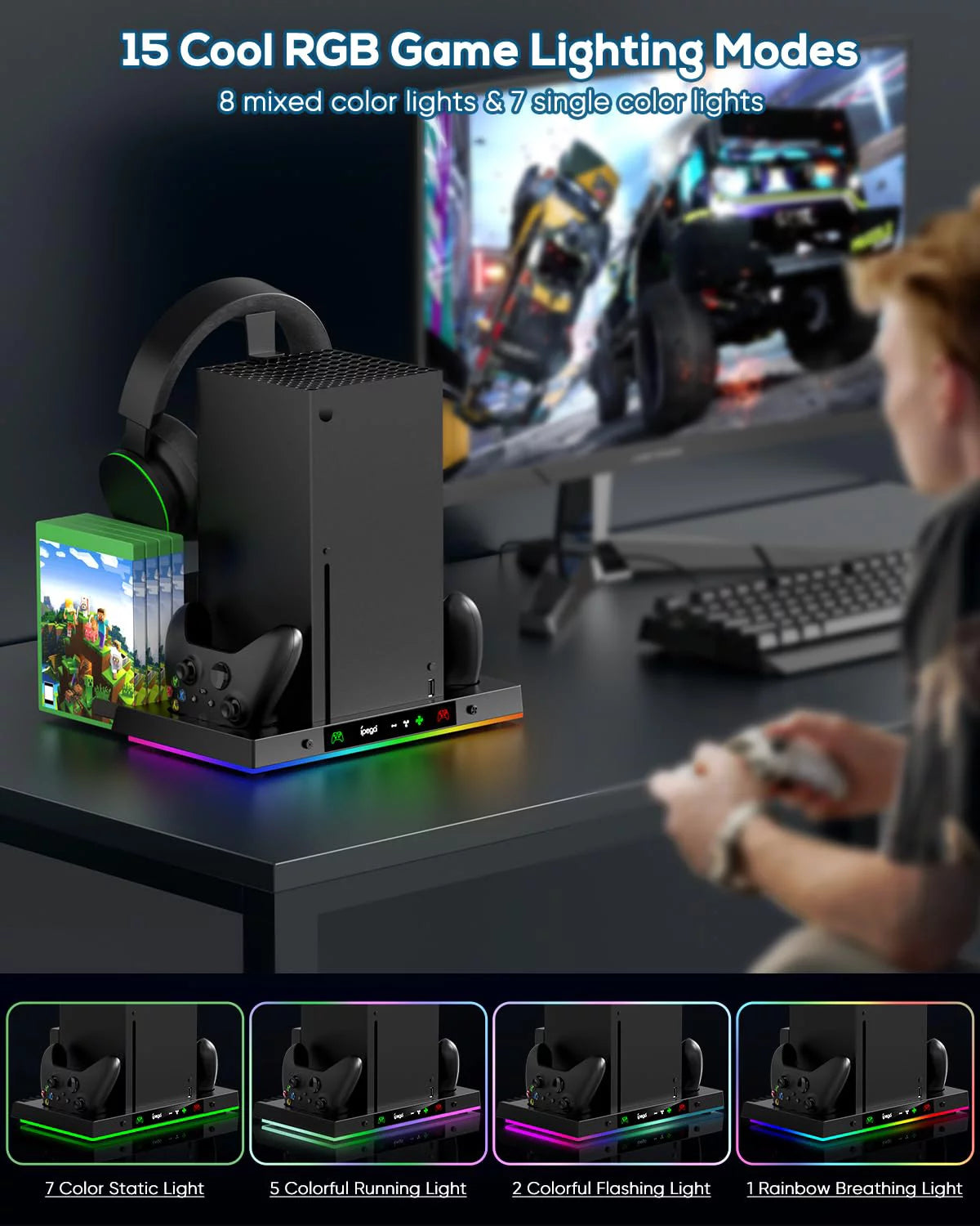 Upgraded RGB Cooling Fan Charging Station for Xbox Series X Console &amp; Controller, Wireless Dual Charger Dock &amp; Cooler System Stand with 15 Colorful Light Modes for Xbox Series X &amp; Accessories Storage