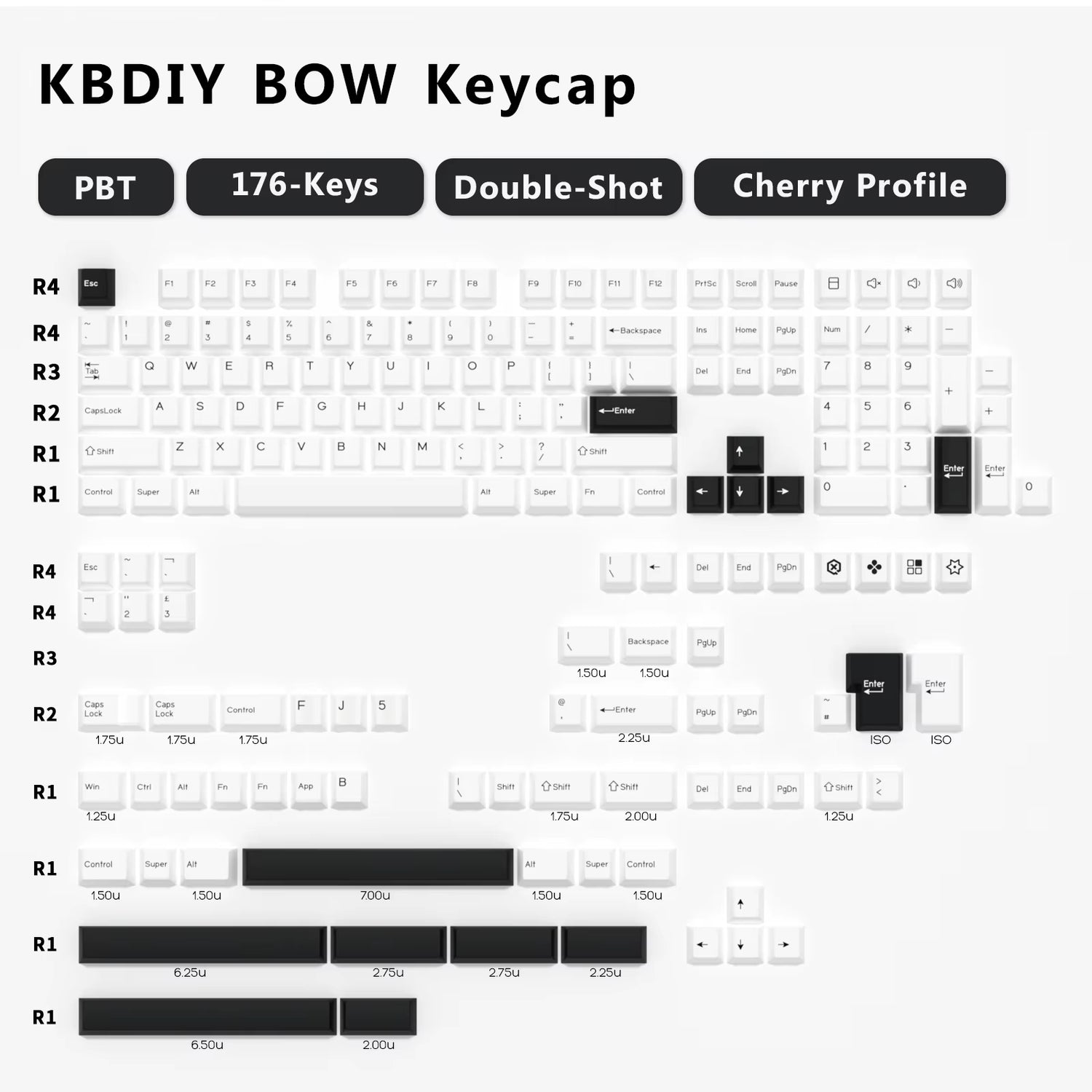 176 KeysSet Cherry keycap layout with PBT double-shot keys in cherry profile design.