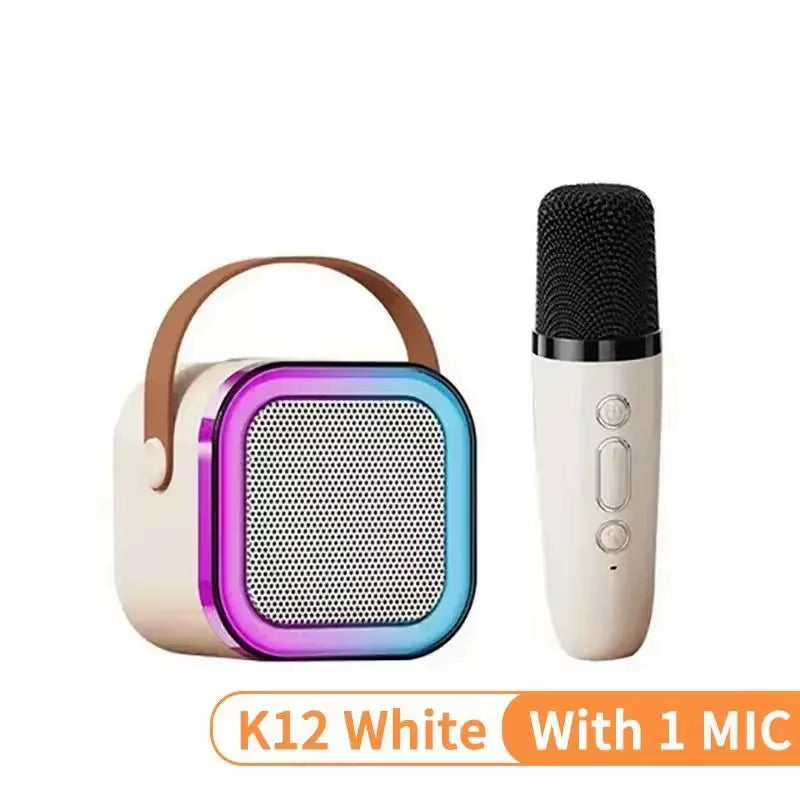 K12 PartyPro Wireless speaker with RGB lights and wireless microphone for karaoke fun.