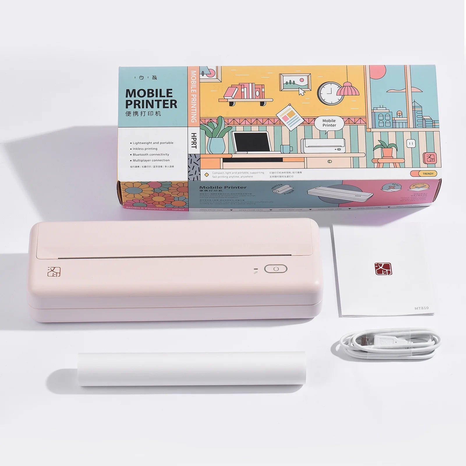 Wireless Portable Printers - A4 Thermal Printer for Travel, Mobile Office, School, Home - Bluetooth Printer Compatible with Ios Android Phone &amp; Laptop, Pink