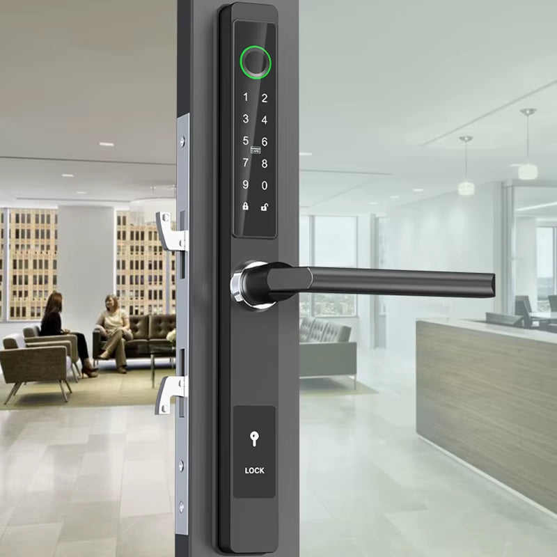 Waterproof Smart Lock for sliding doors with keypad access, showcasing modern design in indoor setting.