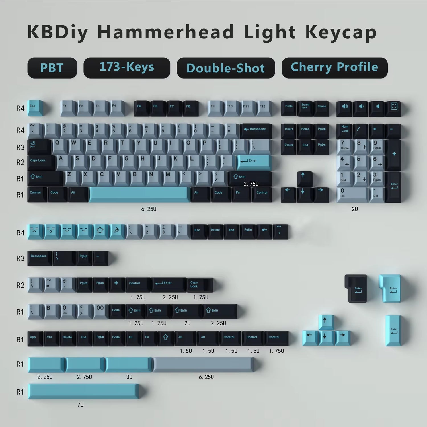 176 KeysSet Cherry keycap set including PBT, 173 keys, double-shot and cherry profile design.