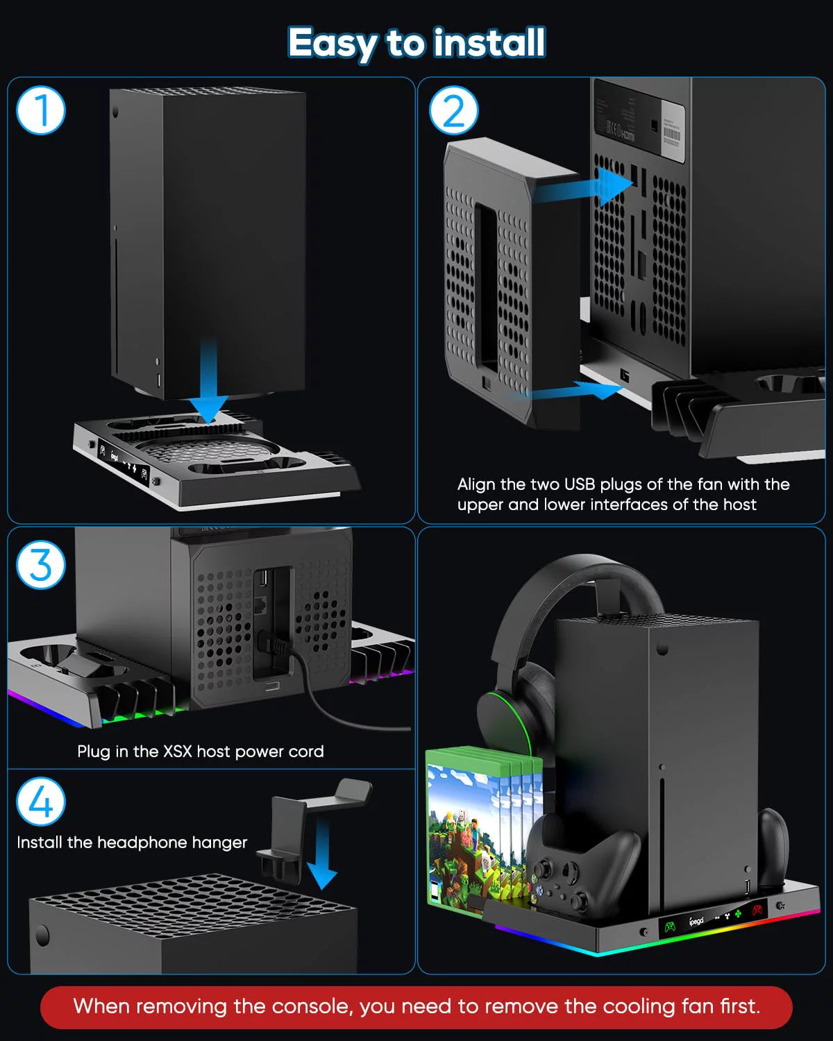 Upgraded RGB Cooling Fan Charging Station for Xbox Series X Console &amp; Controller, Wireless Dual Charger Dock &amp; Cooler System Stand with 15 Colorful Light Modes for Xbox Series X &amp; Accessories Storage