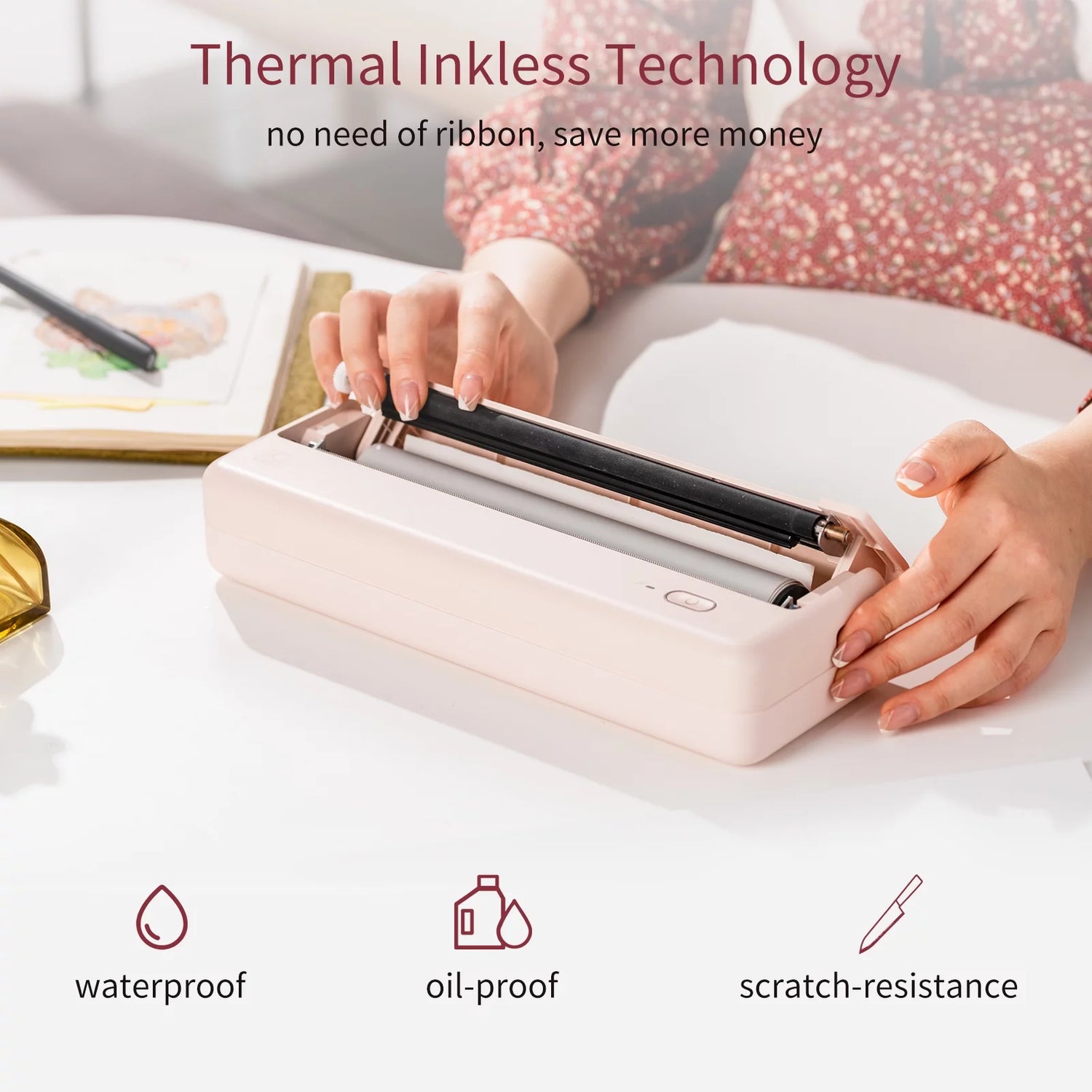 Wireless Portable Printers - A4 Thermal Printer for Travel, Mobile Office, School, Home - Bluetooth Printer Compatible with Ios Android Phone &amp; Laptop, Pink