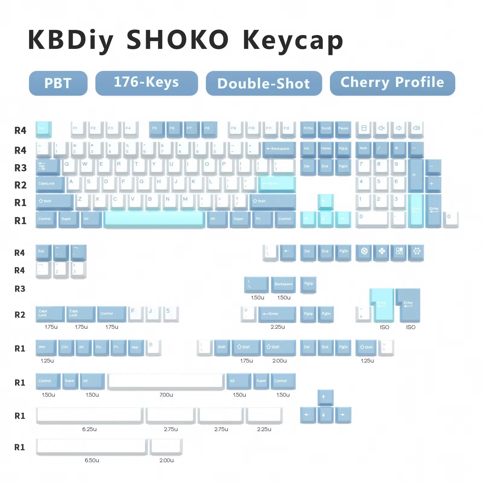 176 KeysSet Cherry keycap layout showcasing PBT material and Cherry profile design.