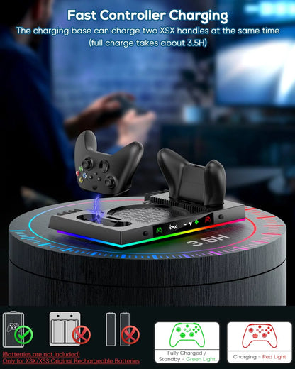 Upgraded RGB Cooling Fan Charging Station for Xbox Series X Console &amp; Controller, Wireless Dual Charger Dock &amp; Cooler System Stand with 15 Colorful Light Modes for Xbox Series X &amp; Accessories Storage