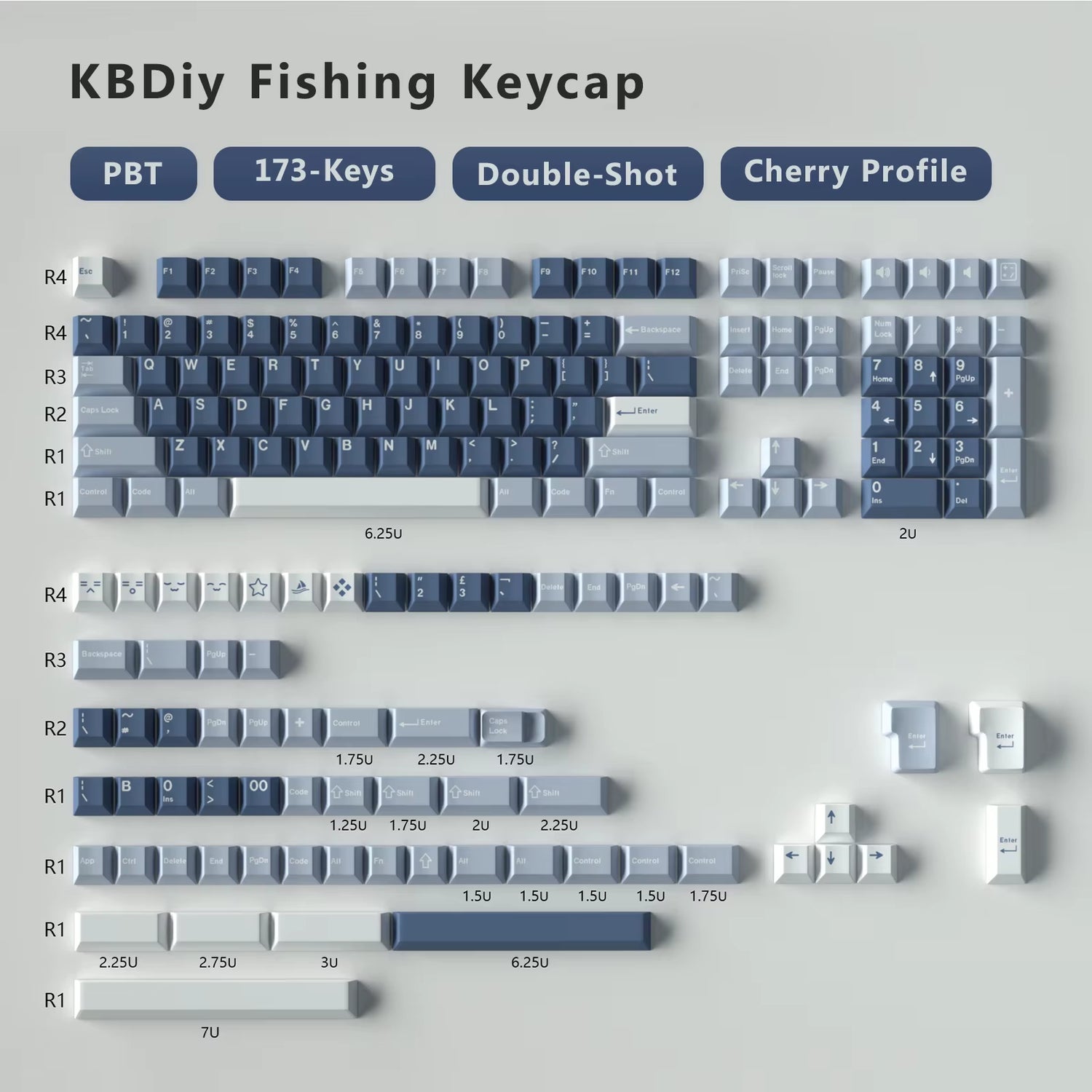 176 KeysSet Cherry keycap set featuring PBT material, 173 keys, double-shot design, and cherry profile styling.