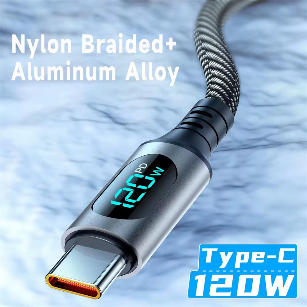 6A 120W USBA to Type C Super Fast Charge Cable Nylon Data Cord for Xiaomi POCO Samsung with Led Digital Display Cable