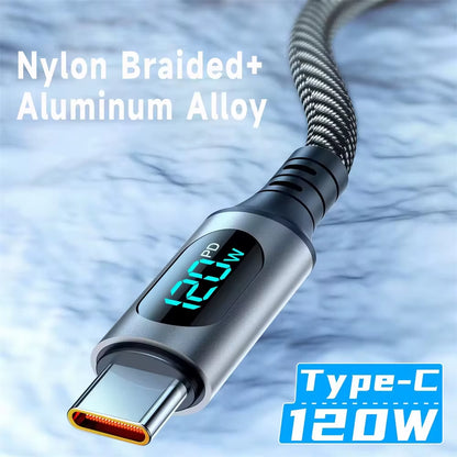 6A 120W USBA to Type C Super Fast Charge Cable Nylon Data Cord for Xiaomi POCO Samsung with Led Digital Display Cable