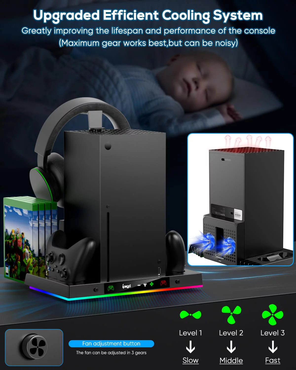 Upgraded RGB Cooling Fan Charging Station for Xbox Series X Console &amp; Controller, Wireless Dual Charger Dock &amp; Cooler System Stand with 15 Colorful Light Modes for Xbox Series X &amp; Accessories Storage