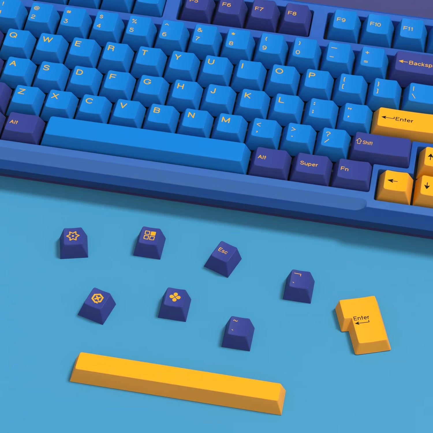 Colorful 176 KeysSet Cherry keycaps in blue and yellow with various designs on a keyboard.