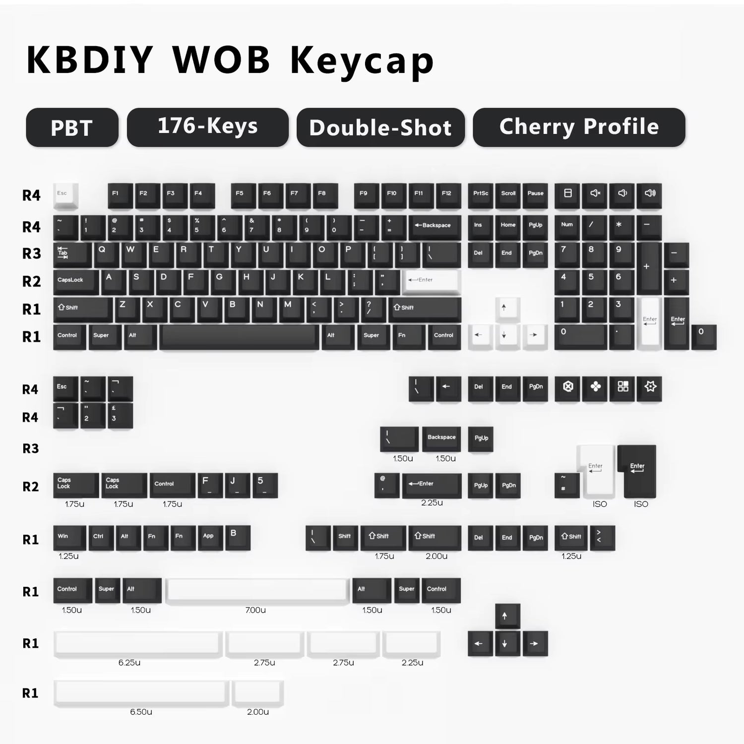 176 KeysSet Cherry keycap layout showing various key sizes and configurations for a customized keyboard experience.