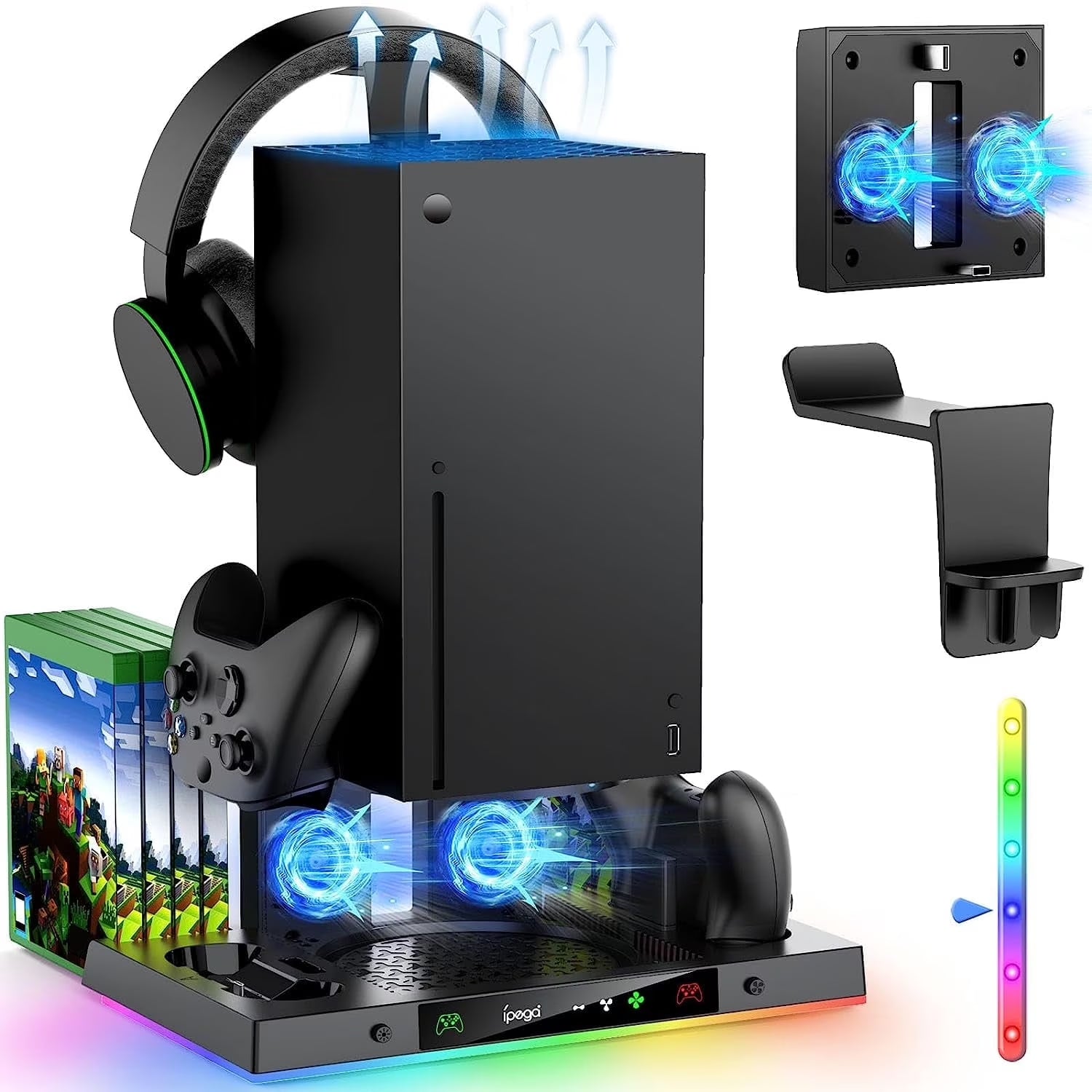 Upgraded RGB Cooling Fan Charging Station for Xbox Series X Console &amp; Controller, Wireless Dual Charger Dock &amp; Cooler System Stand with 15 Colorful Light Modes for Xbox Series X &amp; Accessories Storage